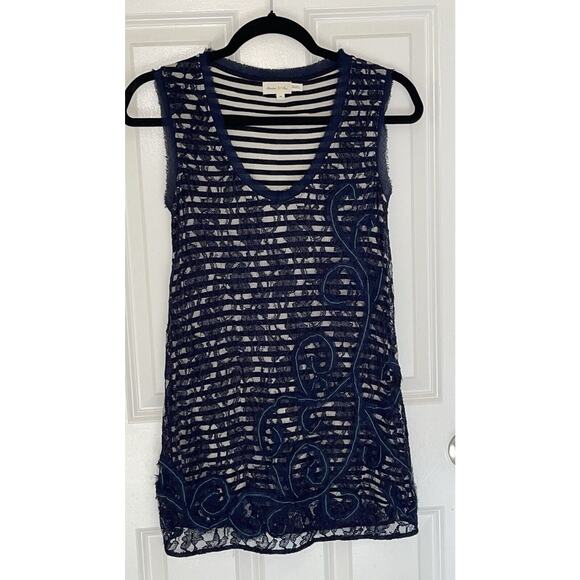 Anthropologie Meadow Rue Lace Overlay Tank Top Blue Cream Stripe Size XS - Picture 2 of 6